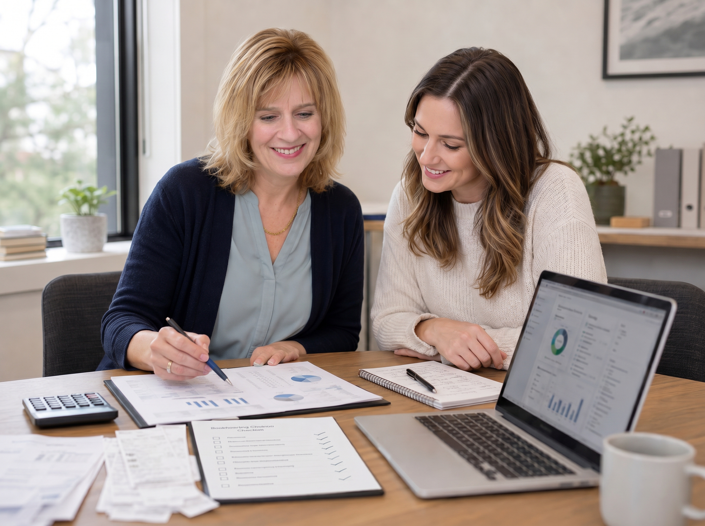 Bookkeeper reviewing reports and a checklist with a small business owner during an accounting health check