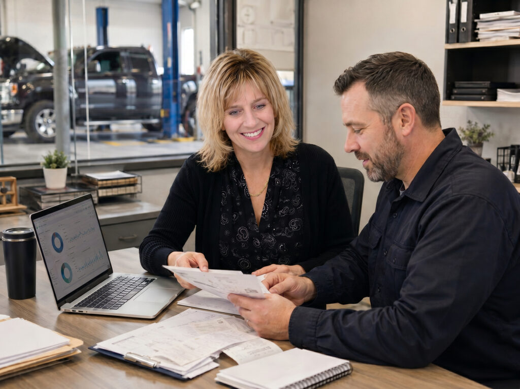 FULL SERVICE BOOKKEEPING Bookkeeper reviewing financial documents with an automotive business owner in a repair shop office