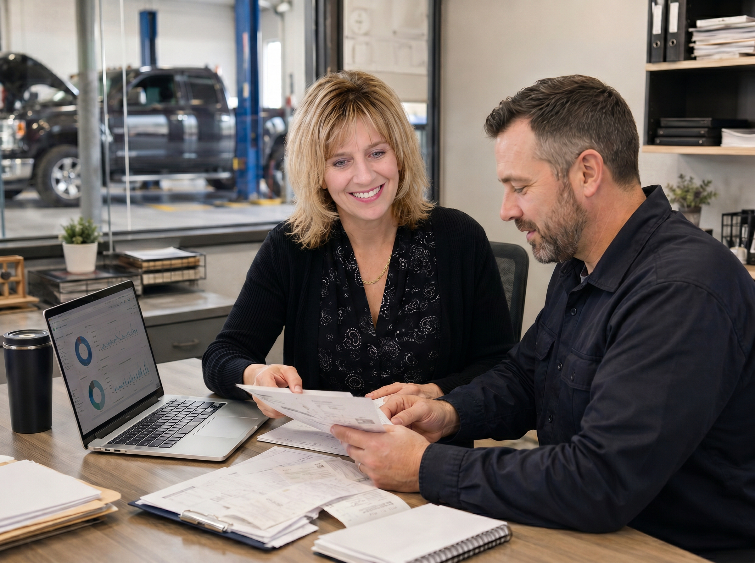 Bookkeeper reviewing financial documents with an automotive business owner in a repair shop office