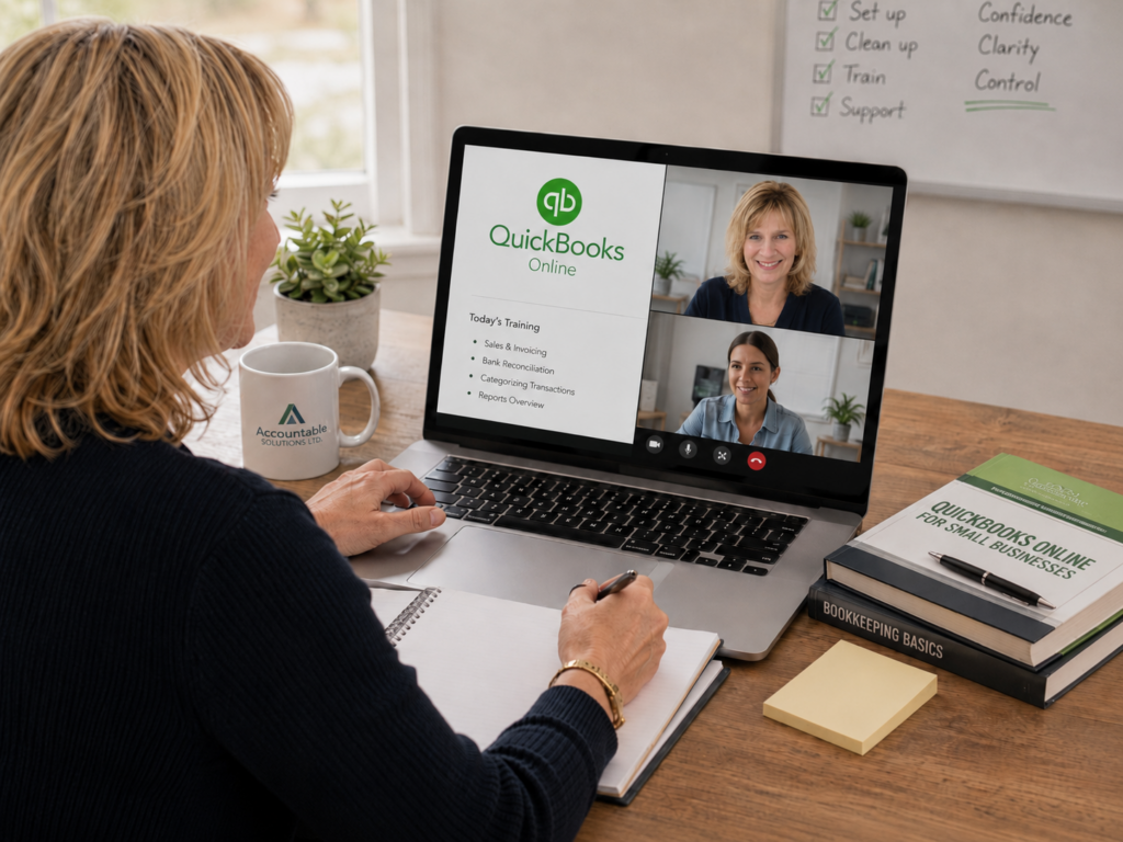 Virtual QuickBooks Online training session for a small business owner learning cloud bookkeeping